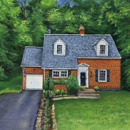 Hand Painted Oil Painting of A Brick Single House with Green Trees and Lawn from Photo,by myDaVinci - myDaVinci